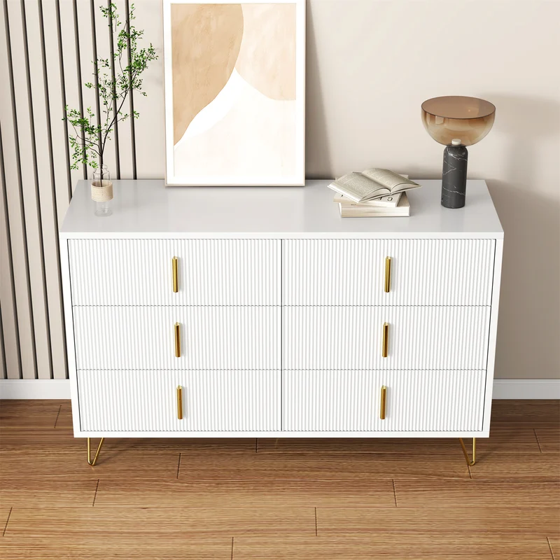 Buffet moderne blanc et or 120x40x77 cm avec 6 tiroirs, grande capacité de rangement, poignées dorées, design élégant pour salon, salle à manger ou chambre MYSTICINE