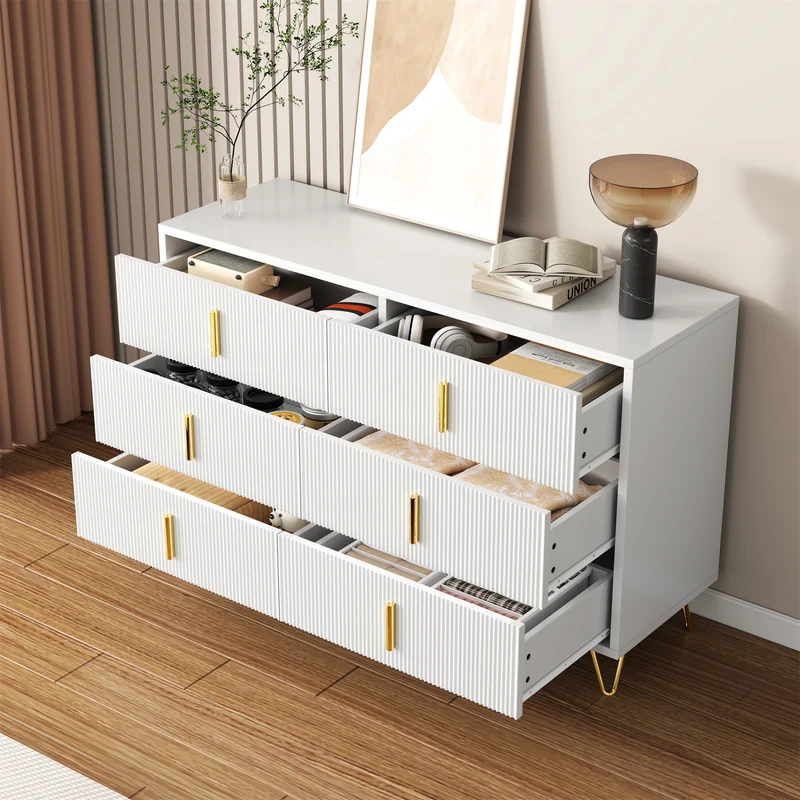 Buffet moderne blanc et or 120x40x77 cm avec 6 tiroirs, grande capacité de rangement, poignées dorées, design élégant pour salon, salle à manger ou chambre MYSTICINE