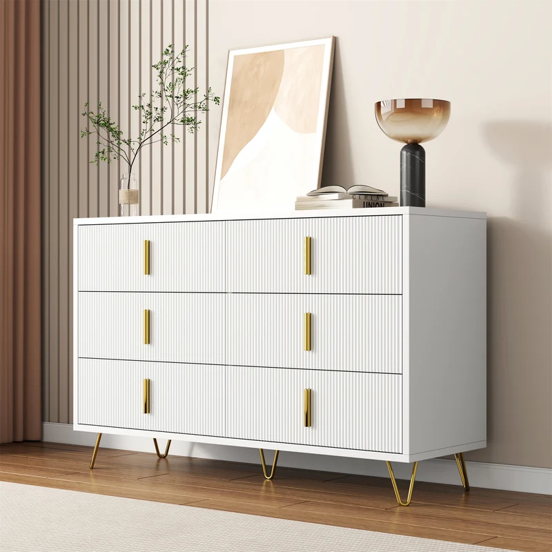 Buffet moderne blanc et or 120x40x77 cm avec 6 tiroirs, grande capacité de rangement, poignées dorées, design élégant pour salon, salle à manger ou chambre MYSTICINE