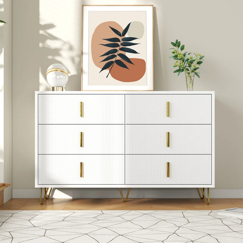 Buffet moderne blanc et or 120x40x77 cm avec 6 tiroirs, grande capacité de rangement, poignées dorées, design élégant pour salon, salle à manger ou chambre MYSTICINE