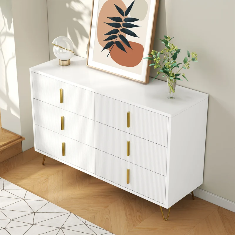 Buffet moderne blanc et or 120x40x77 cm avec 6 tiroirs, grande capacité de rangement, poignées dorées, design élégant pour salon, salle à manger ou chambre MYSTICINE