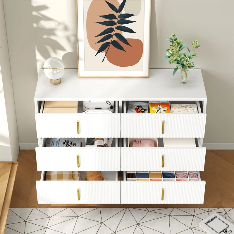 Buffet moderne blanc et or 120x40x77 cm avec 6 tiroirs, grande capacité de rangement, poignées dorées, design élégant pour salon, salle à manger ou chambre MYSTICINE