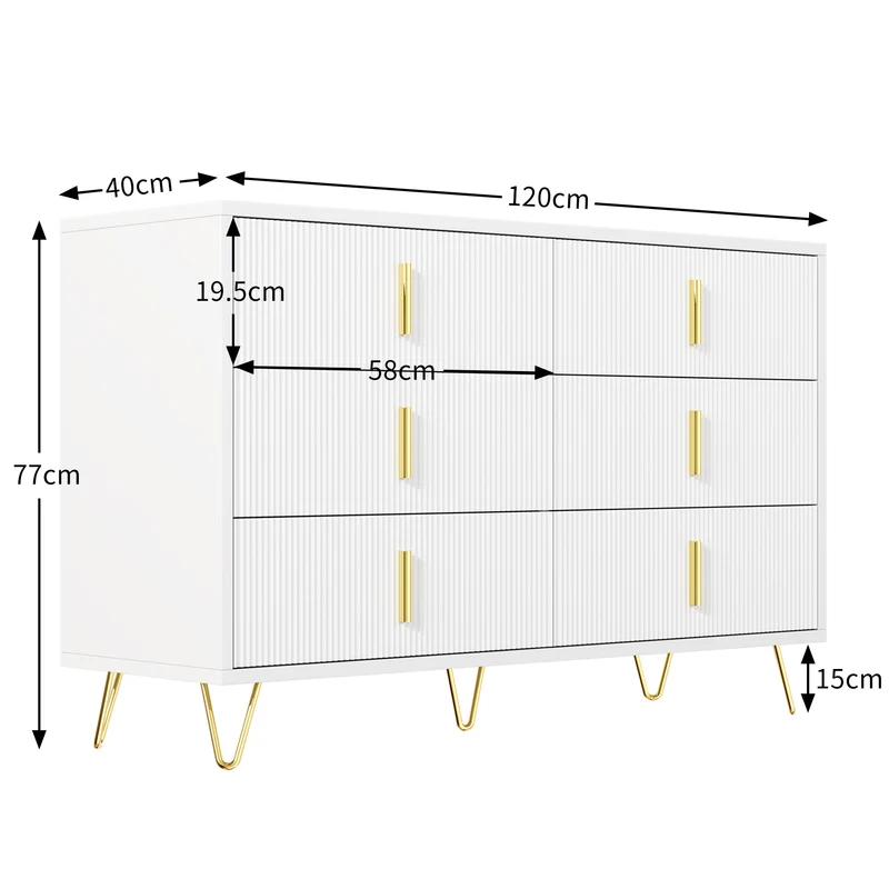 Buffet moderne blanc et or 120x40x77 cm avec 6 tiroirs, grande capacité de rangement, poignées dorées, design élégant pour salon, salle à manger ou chambre MYSTICINE