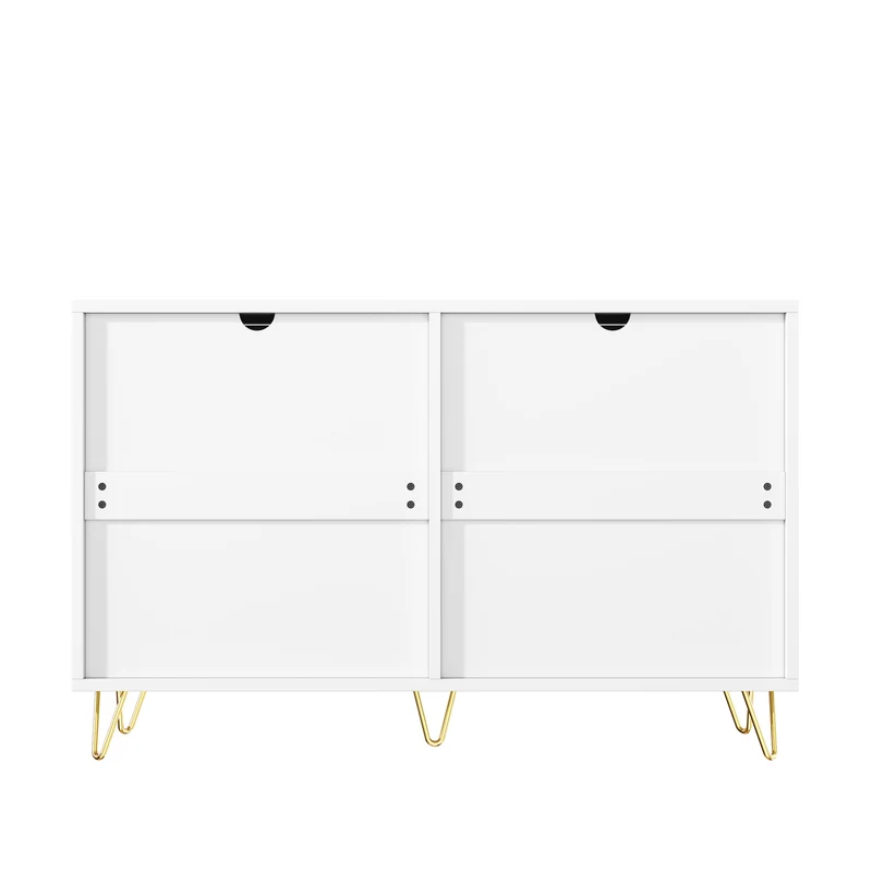 Buffet moderne blanc et or 120x40x77 cm avec 6 tiroirs, grande capacité de rangement, poignées dorées, design élégant pour salon, salle à manger ou chambre MYSTICINE
