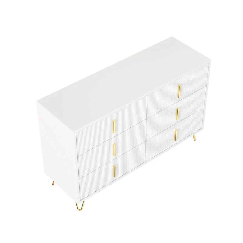 Buffet moderne blanc et or 120x40x77 cm avec 6 tiroirs, grande capacité de rangement, poignées dorées, design élégant pour salon, salle à manger ou chambre MYSTICINE