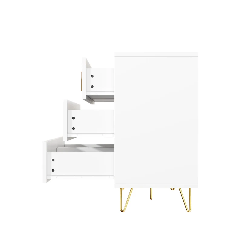 Buffet moderne blanc et or 120x40x77 cm avec 6 tiroirs, grande capacité de rangement, poignées dorées, design élégant pour salon, salle à manger ou chambre MYSTICINE