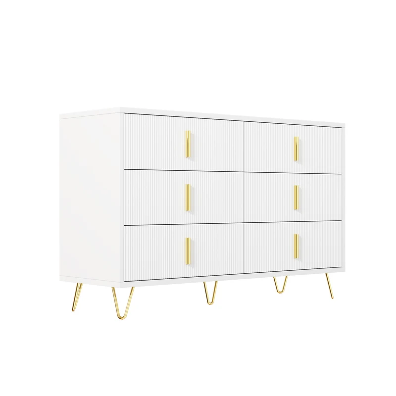 Buffet moderne blanc et or 120x40x77 cm avec 6 tiroirs, grande capacité de rangement, poignées dorées, design élégant pour salon, salle à manger ou chambre MYSTICINE