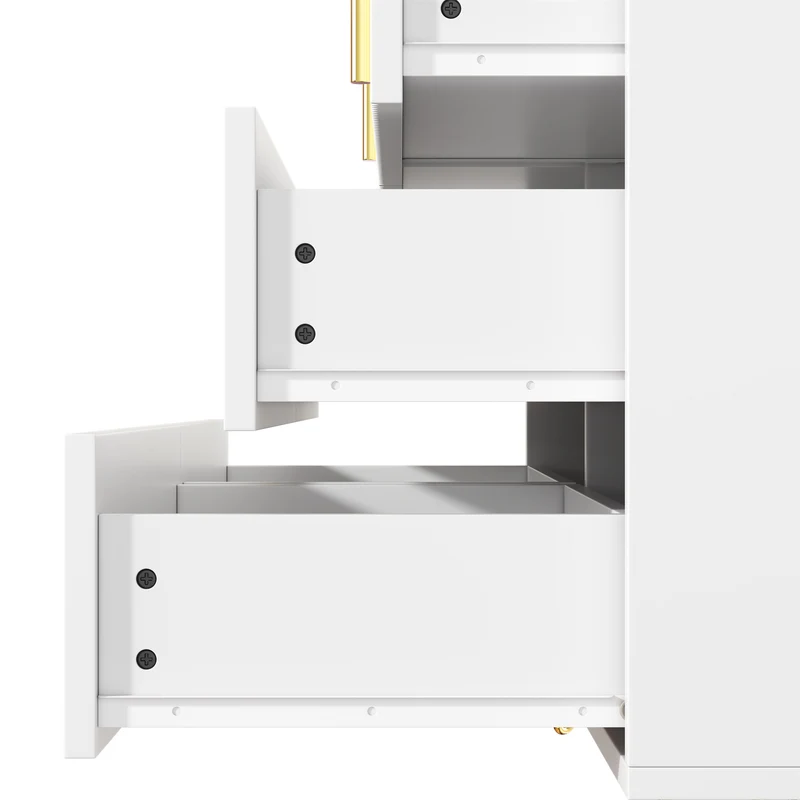 Buffet moderne blanc et or 120x40x77 cm avec 6 tiroirs, grande capacité de rangement, poignées dorées, design élégant pour salon, salle à manger ou chambre MYSTICINE