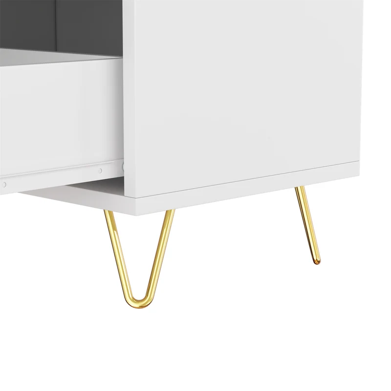 Buffet moderne blanc et or 120x40x77 cm avec 6 tiroirs, grande capacité de rangement, poignées dorées, design élégant pour salon, salle à manger ou chambre MYSTICINE