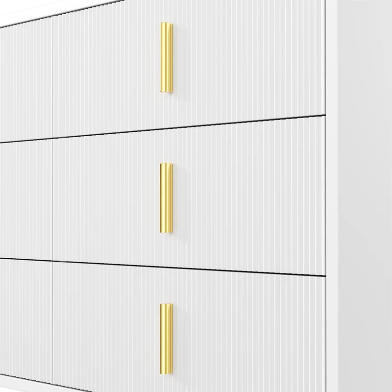 Buffet moderne blanc et or 120x40x77 cm avec 6 tiroirs, grande capacité de rangement, poignées dorées, design élégant pour salon, salle à manger ou chambre MYSTICINE