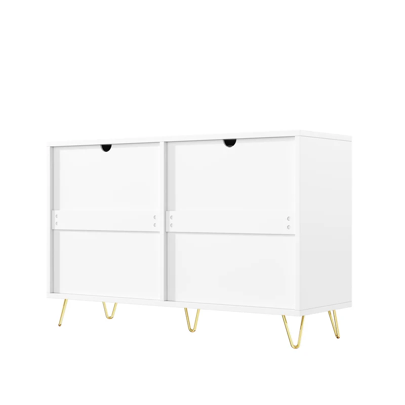 Buffet moderne blanc et or 120x40x77 cm avec 6 tiroirs, grande capacité de rangement, poignées dorées, design élégant pour salon, salle à manger ou chambre MYSTICINE