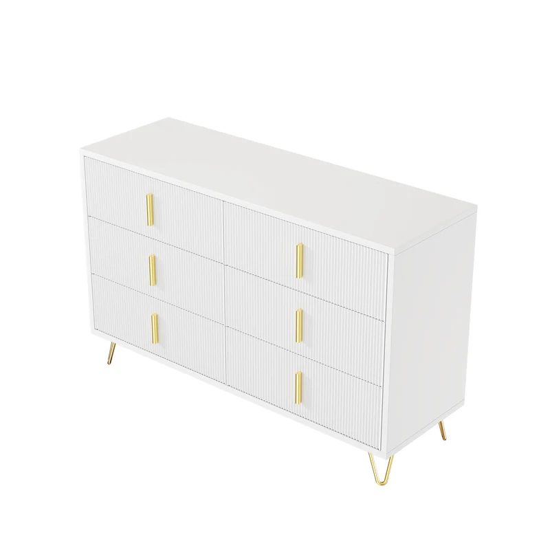 Buffet moderne blanc et or 120x40x77 cm avec 6 tiroirs, grande capacité de rangement, poignées dorées, design élégant pour salon, salle à manger ou chambre MYSTICINE