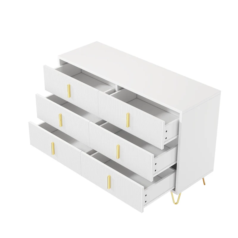 Buffet moderne blanc et or 120x40x77 cm avec 6 tiroirs, grande capacité de rangement, poignées dorées, design élégant pour salon, salle à manger ou chambre MYSTICINE