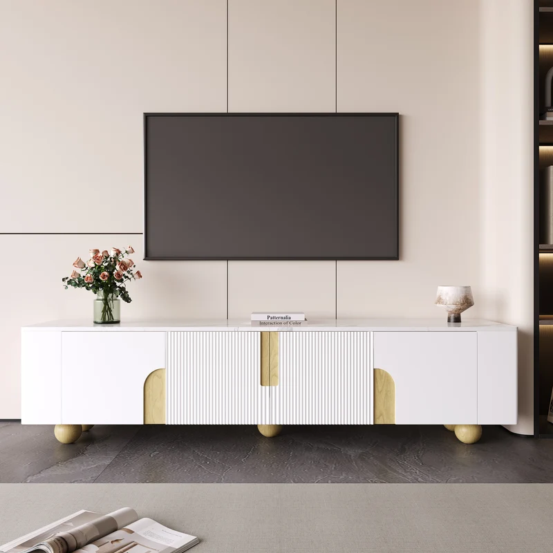Meuble TV blanc effet marbre blanc et bois avec portes rainurées, pieds sphériques 180*40cm STERGU