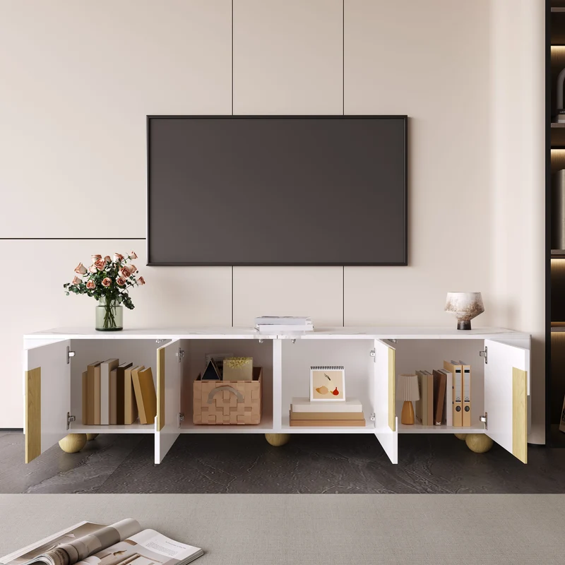 Meuble TV blanc effet marbre blanc et bois avec portes rainurées, pieds sphériques 180*40cm STERGU