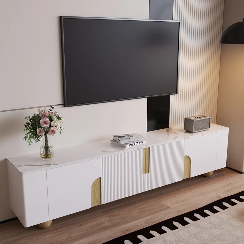 Meuble TV blanc effet marbre blanc et bois avec portes rainurées, pieds sphériques 180*40cm STERGU