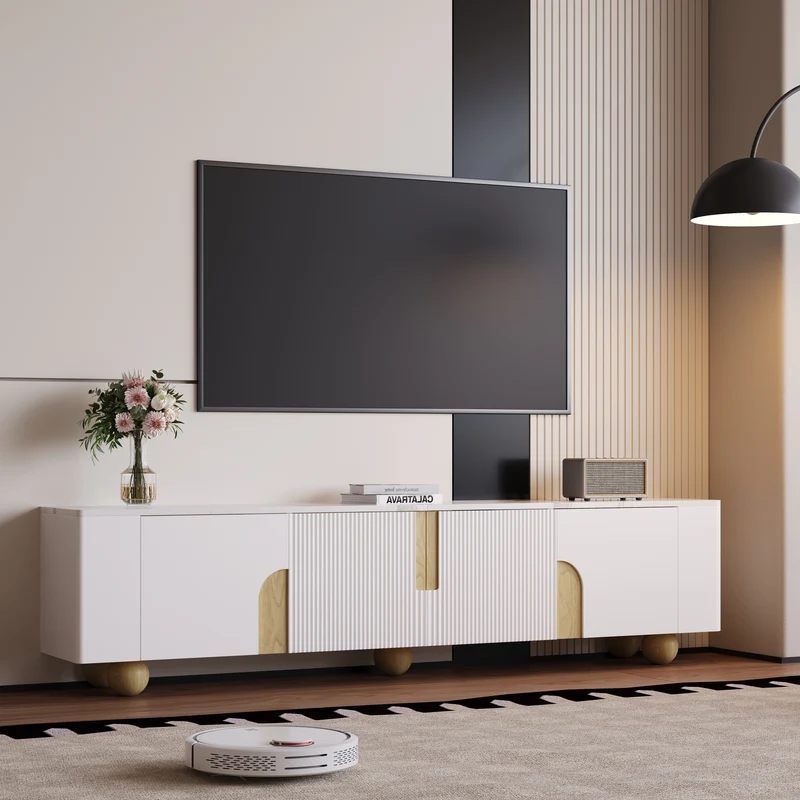Meuble TV blanc effet marbre blanc et bois avec portes rainurées, pieds sphériques 180*40cm STERGU