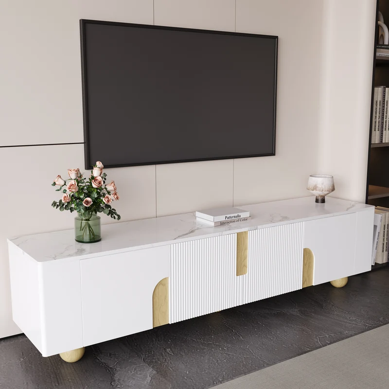 Meuble TV blanc effet marbre blanc et bois avec portes rainurées, pieds sphériques 180*40cm STERGU