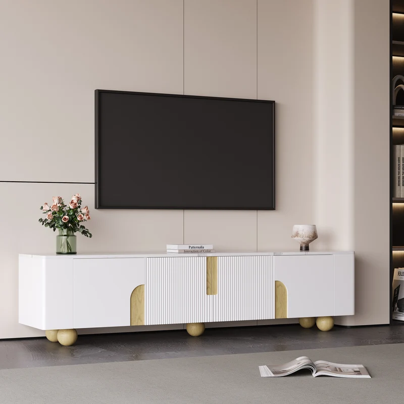 Meuble TV blanc effet marbre blanc et bois avec portes rainurées, pieds sphériques 180*40cm STERGU