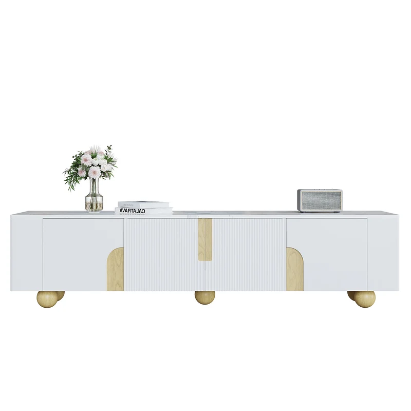 Meuble TV blanc effet marbre blanc et bois avec portes rainurées, pieds sphériques 180*40cm STERGU