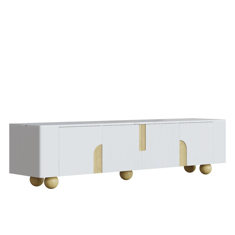 Meuble TV blanc effet marbre blanc et bois avec portes rainurées, pieds sphériques 180*40cm STERGU