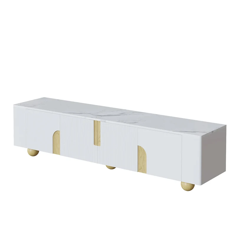 Meuble TV blanc effet marbre blanc et bois avec portes rainurées, pieds sphériques 180*40cm STERGU