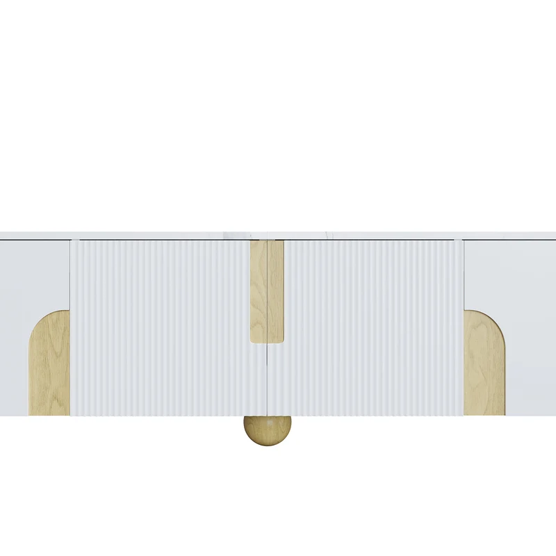Meuble TV blanc effet marbre blanc et bois avec portes rainurées, pieds sphériques 180*40cm STERGU
