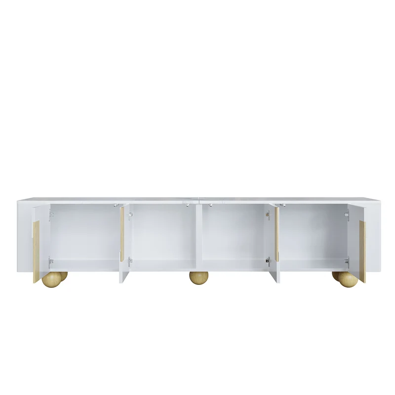Meuble TV blanc effet marbre blanc et bois avec portes rainurées, pieds sphériques 180*40cm STERGU
