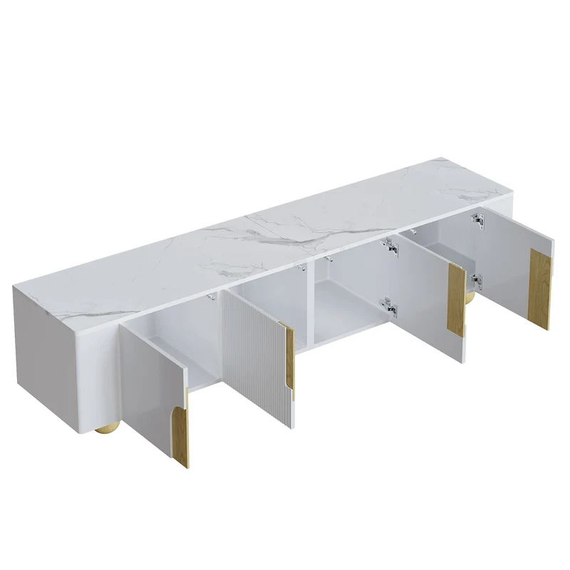 Meuble TV blanc effet marbre blanc et bois avec portes rainurées, pieds sphériques 180*40cm STERGU
