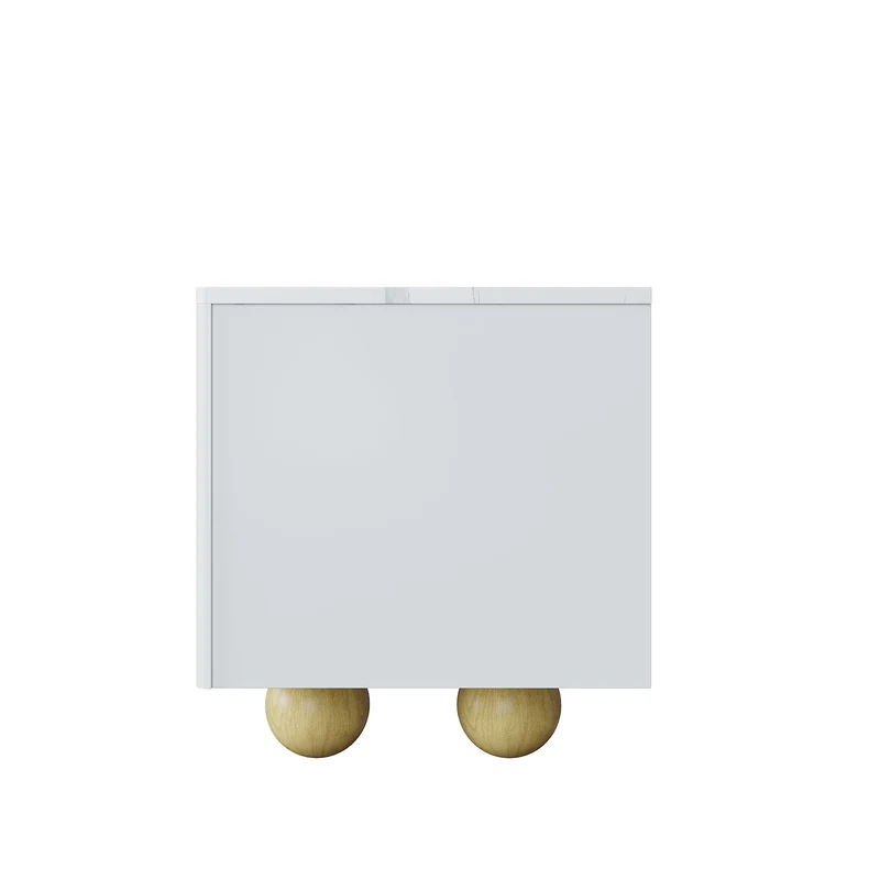 Meuble TV blanc effet marbre blanc et bois avec portes rainurées, pieds sphériques 180*40cm STERGU