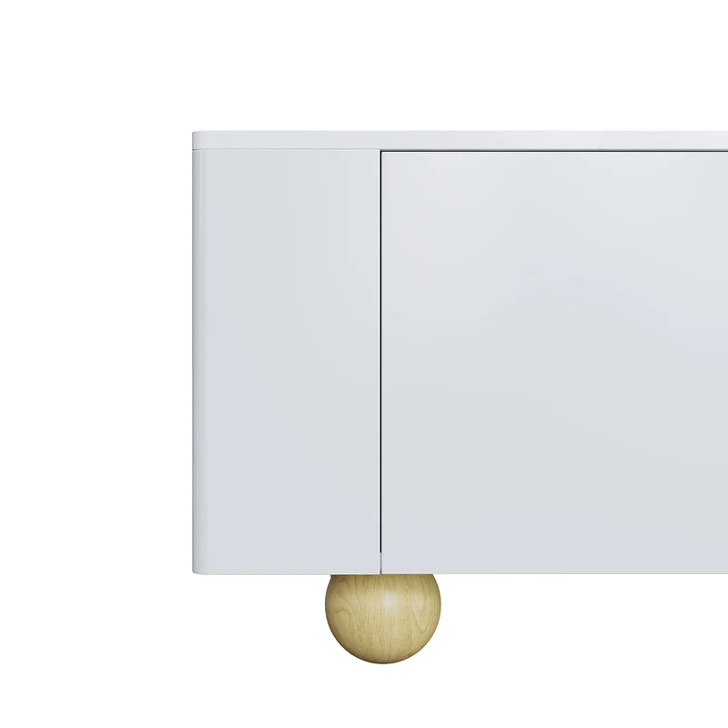 Meuble TV blanc effet marbre blanc et bois avec portes rainurées, pieds sphériques 180*40cm STERGU