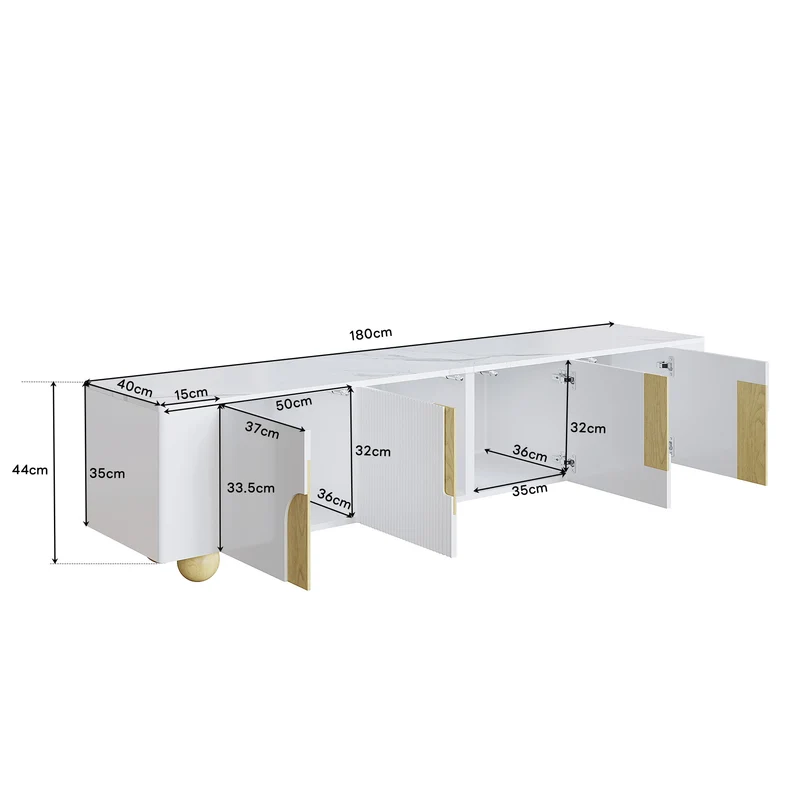 Meuble TV blanc effet marbre blanc et bois avec portes rainurées, pieds sphériques 180*40cm STERGU