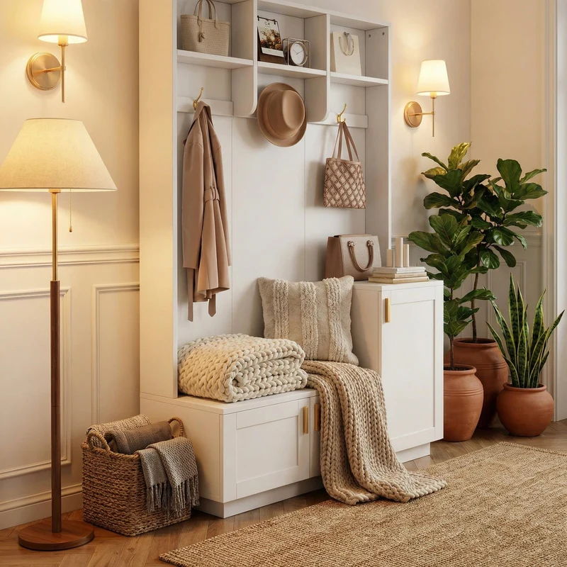 Vestiaire à l'entrée blanc avec banc et porte chaussures 120x40x200cm FJORDLA
