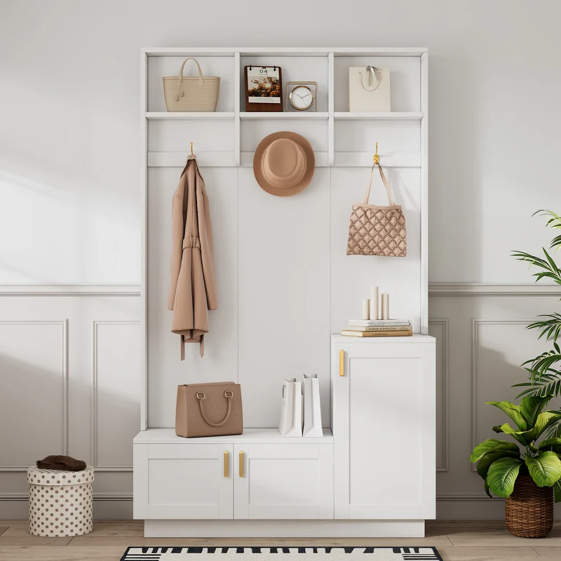 Vestiaire à l'entrée blanc avec banc et porte chaussures 120x40x200cm FJORDLA