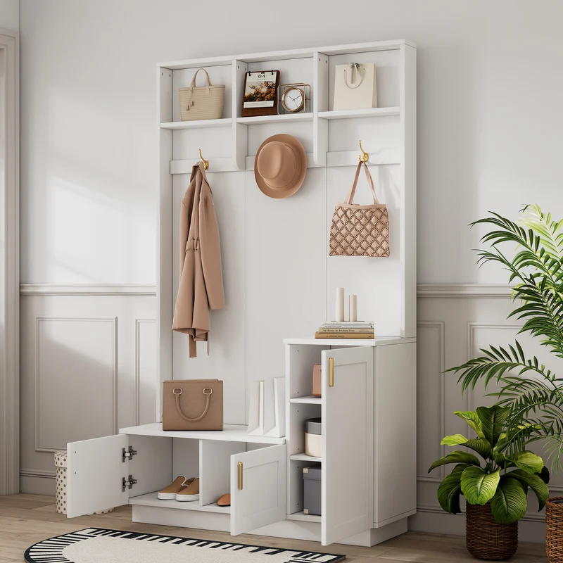 Vestiaire à l'entrée blanc avec banc et porte chaussures 120x40x200cm FJORDLA