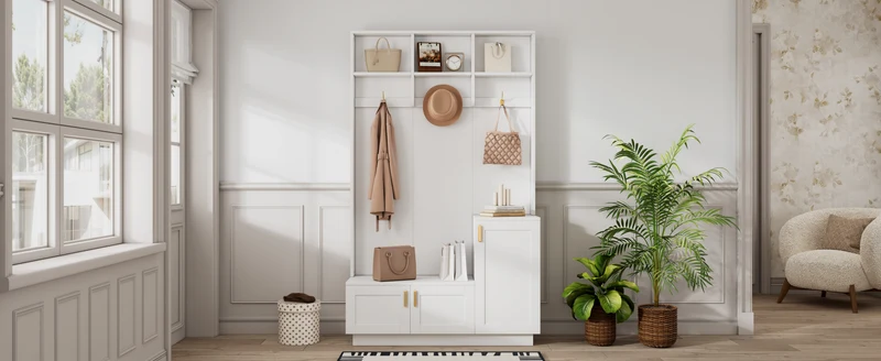 Vestiaire à l'entrée blanc avec banc et porte chaussures 120x40x200cm FJORDLA