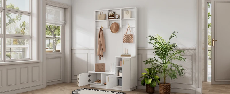 Vestiaire à l'entrée blanc avec banc et porte chaussures 120x40x200cm FJORDLA