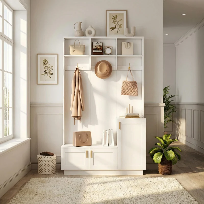 Vestiaire à l'entrée blanc avec banc et porte chaussures 120x40x200cm FJORDLA