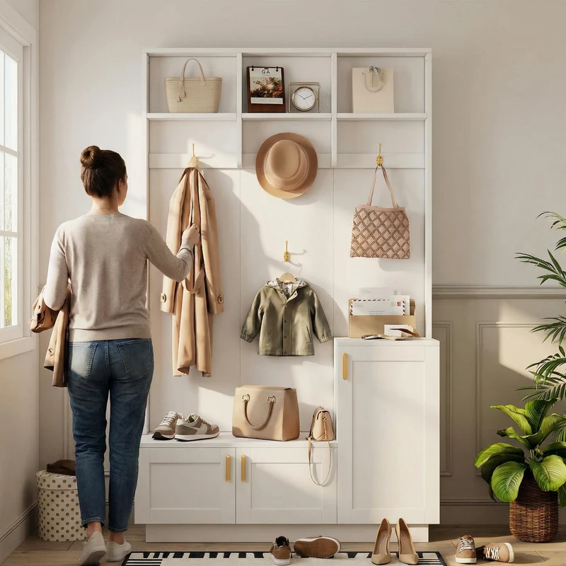 Vestiaire à l'entrée blanc avec banc et porte chaussures 120x40x200cm FJORDLA