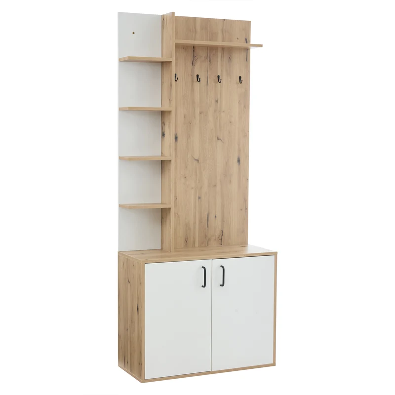 Vestiaire à l'entrée effet bois et blanc rangement étagères et porte-manteau FERNSTONE