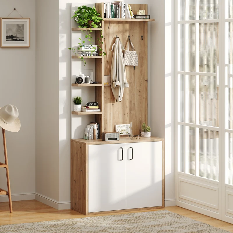 Vestiaire à l'entrée effet bois et blanc rangement étagères et porte-manteau FERNSTONE