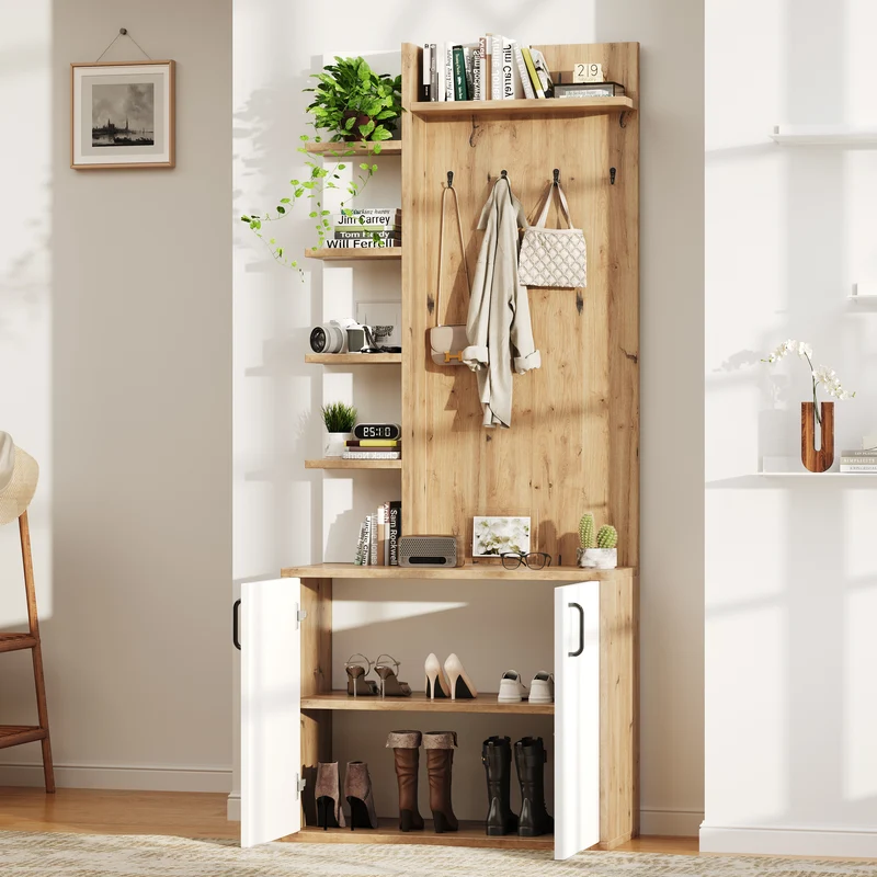 Vestiaire à l'entrée effet bois et blanc rangement étagères et porte-manteau FERNSTONE