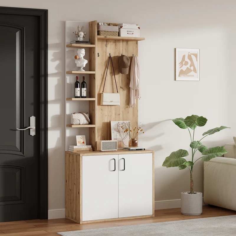 Vestiaire à l'entrée effet bois et blanc rangement étagères et porte-manteau FERNSTONE