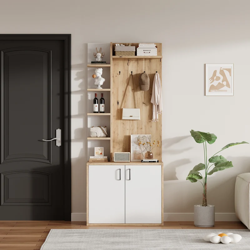 Vestiaire à l'entrée effet bois et blanc rangement étagères et porte-manteau FERNSTONE