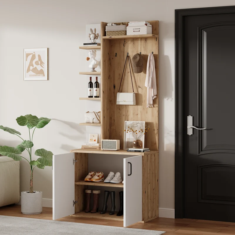 Vestiaire à l'entrée effet bois et blanc rangement étagères et porte-manteau FERNSTONE