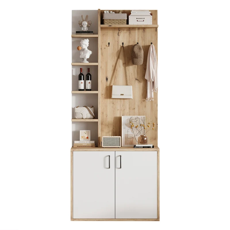 Vestiaire à l'entrée effet bois et blanc rangement étagères et porte-manteau FERNSTONE