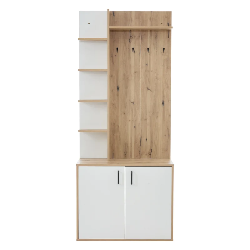 Vestiaire à l'entrée effet bois et blanc rangement étagères et porte-manteau FERNSTONE