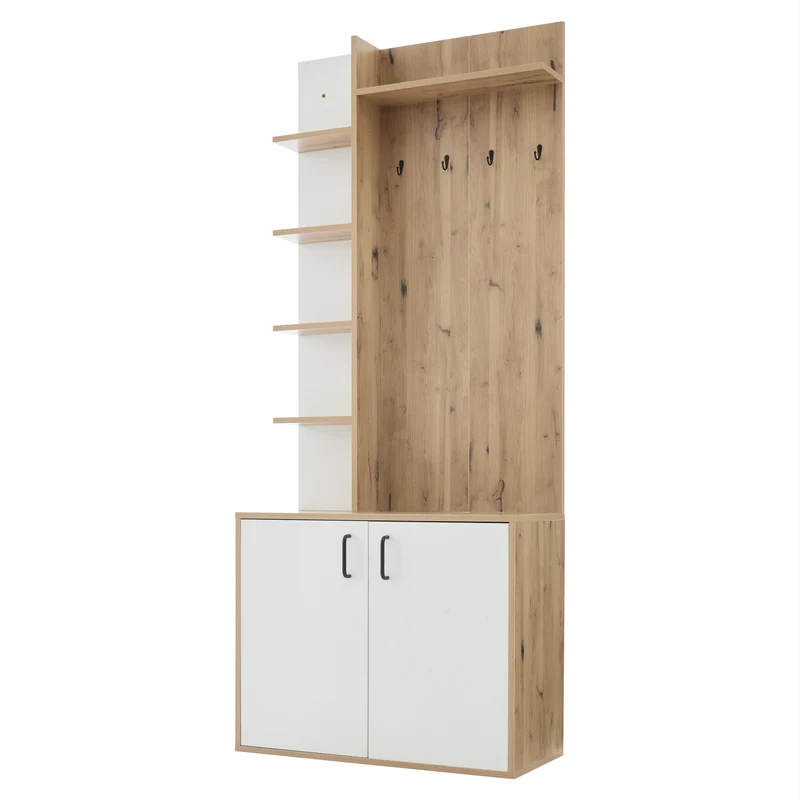 Vestiaire à l'entrée effet bois et blanc rangement étagères et porte-manteau FERNSTONE