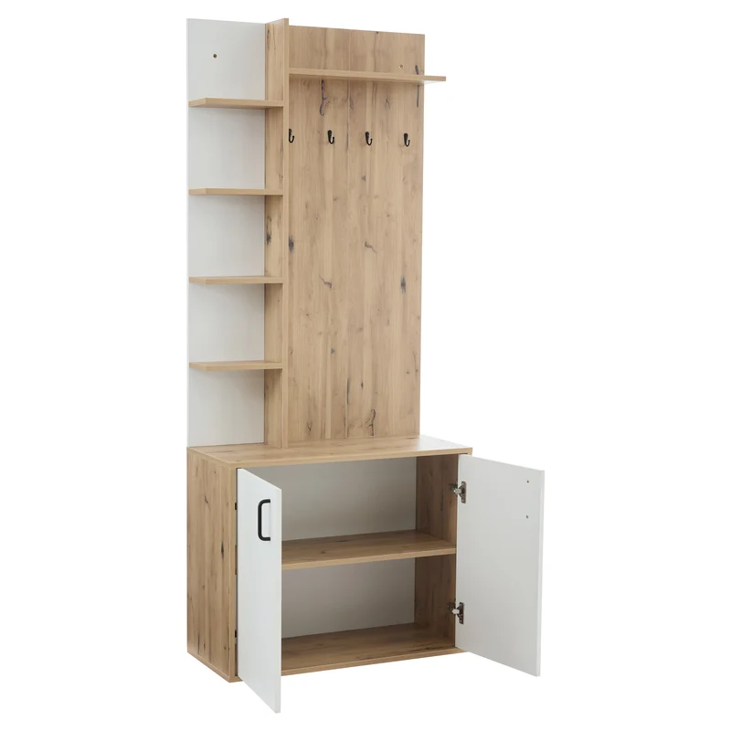 Vestiaire à l'entrée effet bois et blanc rangement étagères et porte-manteau FERNSTONE