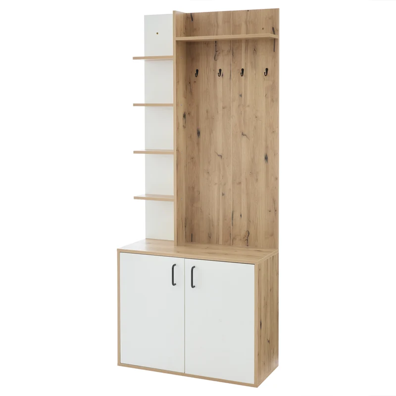 Vestiaire à l'entrée effet bois et blanc rangement étagères et porte-manteau FERNSTONE